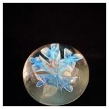 Vintage Handblown Glass Blue Floral Paperweight