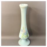 Fenton Blue Satin Handpainted Floral Bud Vase 8'