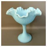 Fenton Blue Satin Ruffled Footed Compote 6.5'