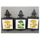 (3)Vintage Cast-Iron Mushroom Ceramic Tile Trivets