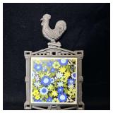 Vintage Cast-Iron Rooster Floral Tile Trivet