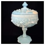 Fenton Cabbage Rose Blue Slag Glass Covered >