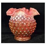 Fenton Cranberry Opalescent Hobnail Vase 4.5'
