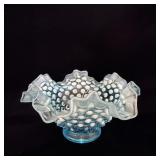 Fenton Blue Opalescent Hobnail Ruffled Bowl 6.5'