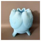 Fenton Blue Satin Glass Grape & Leaf 3 Footed Bowl