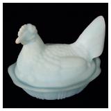 Fenton blue satin glass hen on a nest