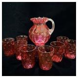 Fenton cranberry coin dot optic pitcher w/ 8