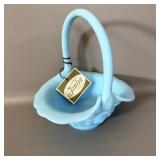 Fenton Blue Satin Water Lily Basket 7.5'