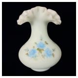 Fenton Blue Roses On Blue Satin Handpainted Vase