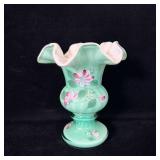 Fenton Green Cased Striped Vase Handpainted >