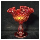 Fenton Ruby Red Amberina Hobnail Ruffled Pedestal>