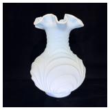 Fenton Blue Satin Drapery Glass Ruffled Vase 8'