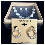 Monet Rose Gold Tone Earrings Pearl Necklace &>