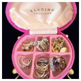Pink Velvet Gold Tone Jewelry Box filled w/ Rings&