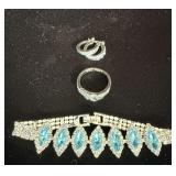 Silver Tone Blue Rhinestone Bracelet, Ring & Hoop
