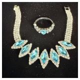 Silver Tone Aqua Blue Rhinestone Bracelet & Ring
