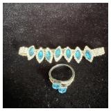 Silver Tone Blue Rhinestone Bracelet & Ring