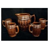 Ceramic Whiskey Barrel Pitcher & 4 Mugs