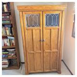 Solid oak mission style desk/armoire w/ leaded