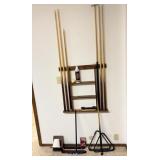 2 pool cues racks, large chalk block, action pool
