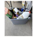 Large tub of cleaning supplies some are used some>