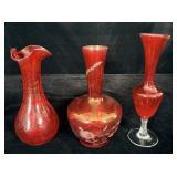 Vintage Handblown Rainbow Red Crackle Glass Vase,>