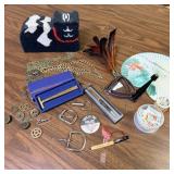 Miscellaneous brass razor, jewelry, Japanese fan,