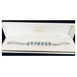 Silvertone Aqua Blue Rhinestone Tennis Bracelet 7'