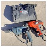 2 Black & Decker corded drills with tote bag