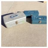 3 vintage metal toolboxes filled with