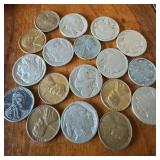 Group of wheat pennies and buffalo nickels