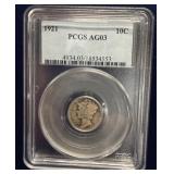 1921 silver Mercury dime AG 3 PCGS