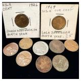 Indian head penny, buffalo nickel, wheat pennies,