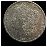 1889 die clashed Silver Morgan dollar AU