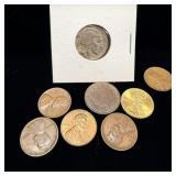 Liberty nickel, gold penny, buffalo head nickel,