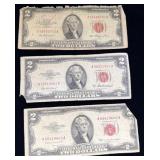 (3) 1953 w/ series A&B $2 US red seal bank notes
