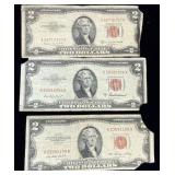 (3) 1953 w/ series A&B $2 US red seal bank notes