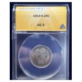 1914-S silver barber quarter AG3 ANACS