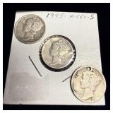 (3) silver mercury dimes 1923, 1938, 1945