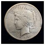 1921 key date high relief PEACE dollar VF