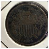 1864 US two cent coin VF