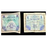 WWII 1944 France Allied Military 5 Franc & 1 Mark>