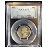 1932-D silver Washington quarter AG3 PCGS