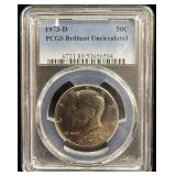 Brilliant uncirculated 1973-D Kennedy half dollar