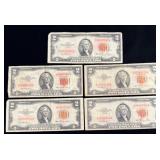 (5) $2 Red Seal Bank Notes washed out serial #'s
