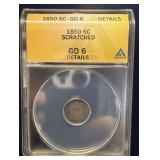 1850 silver seated liberty half dime G6 ANACS