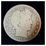 1913 key date silver barber half dollar