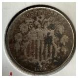 1869 US shield nickel