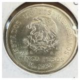 Uncirculated 1951 Mexican Cinco Pesos silver coin