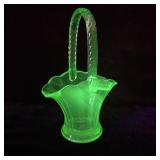 Vintage Green Uranium Glass High Handle Basket 8'